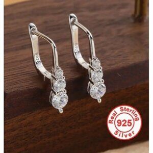 18k White Gold Plated Sterling Silver Simulated Diamond Zircon 3 Stone Earrings